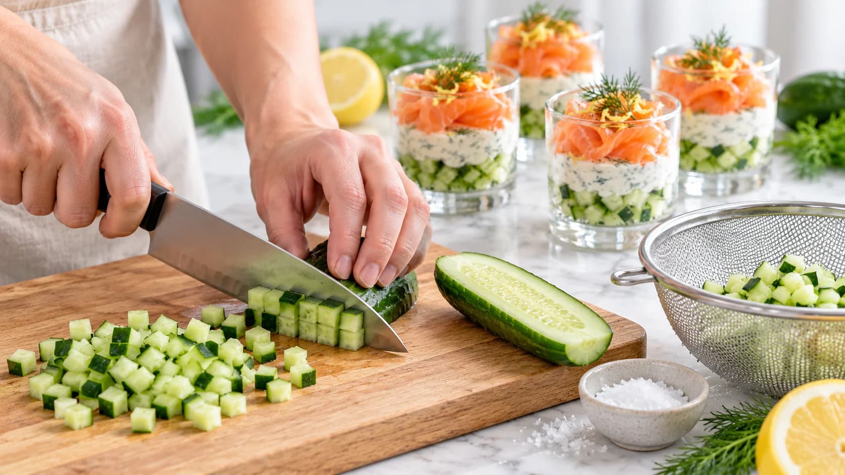 Etape 1 : Tailler et égoutter le concombre — Verrines saumon fumé concombre légères