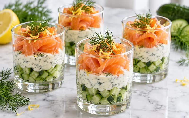 Quatre verrines légères au saumon fumé, concombre et fromage frais citronné, décorées d'aneth