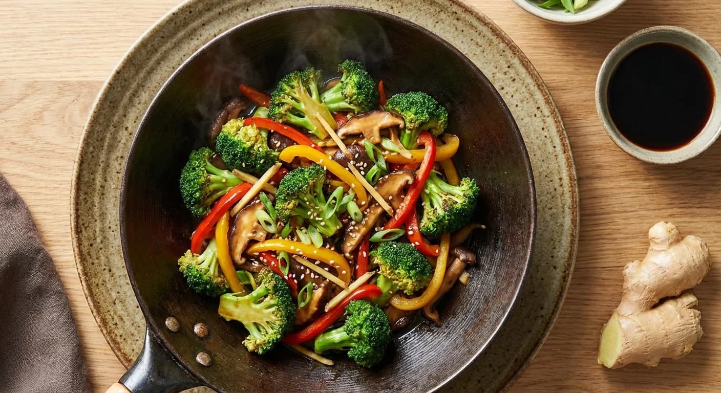 Wok de légumes colorés au gingembre