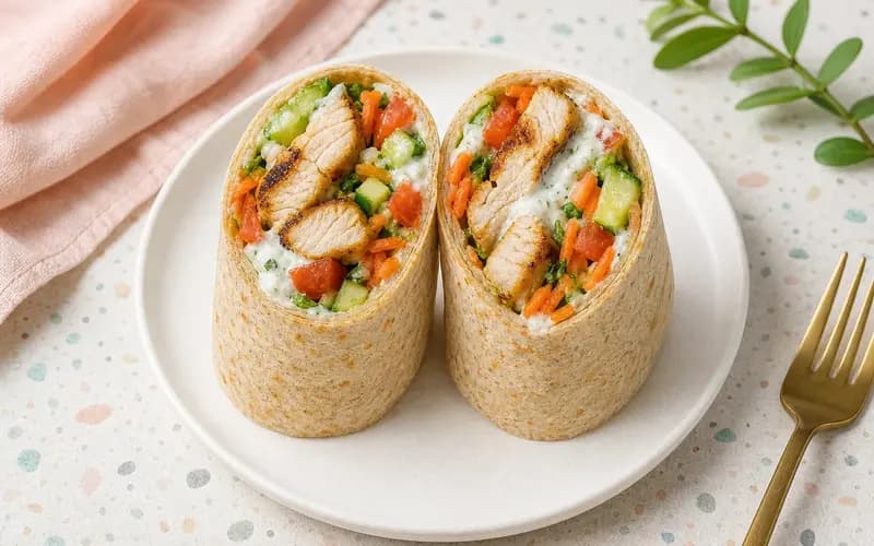 Wrap léger au poulet et crudités coupé en deux, sauce yaourt crémeuse, sur une assiette blanche