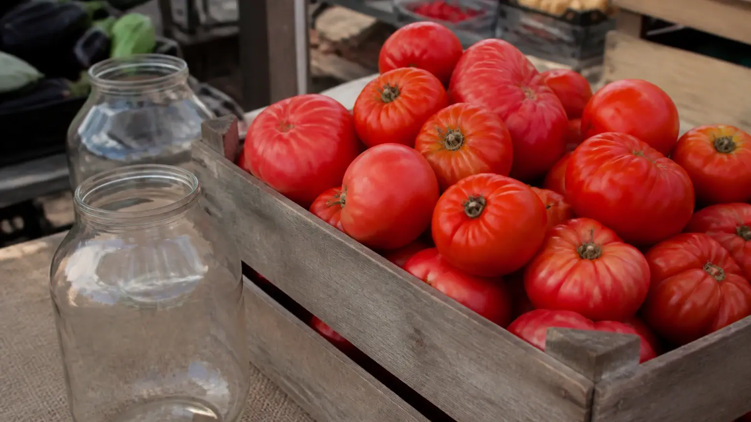 Cagette de tomates d'août sur un étal, à côté de bocaux vides encore ouverts