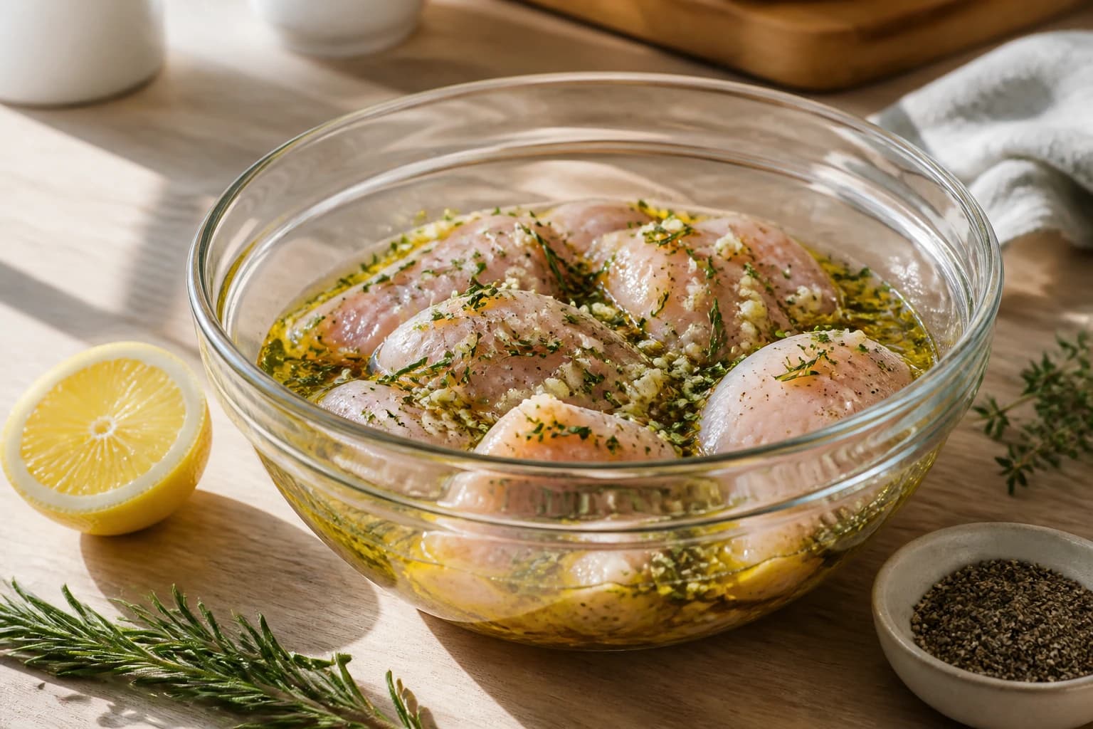 Un bol de marinade à l'huile d'olive, citron, ail et herbes fraîches, avec des morceaux de volaille en train de mariner