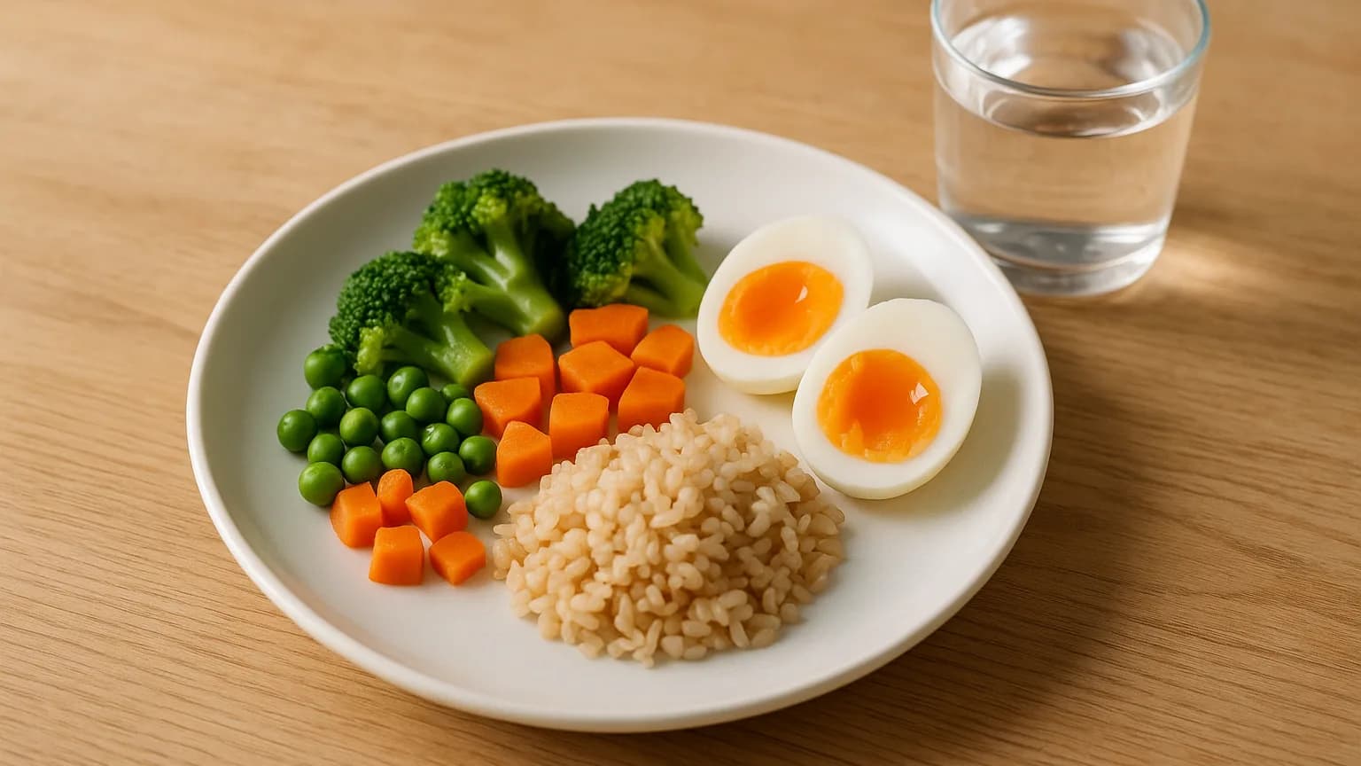 Une assiette de dîner d'enfant composée de légumes cuits, d'une portion de féculent et d'un œuf