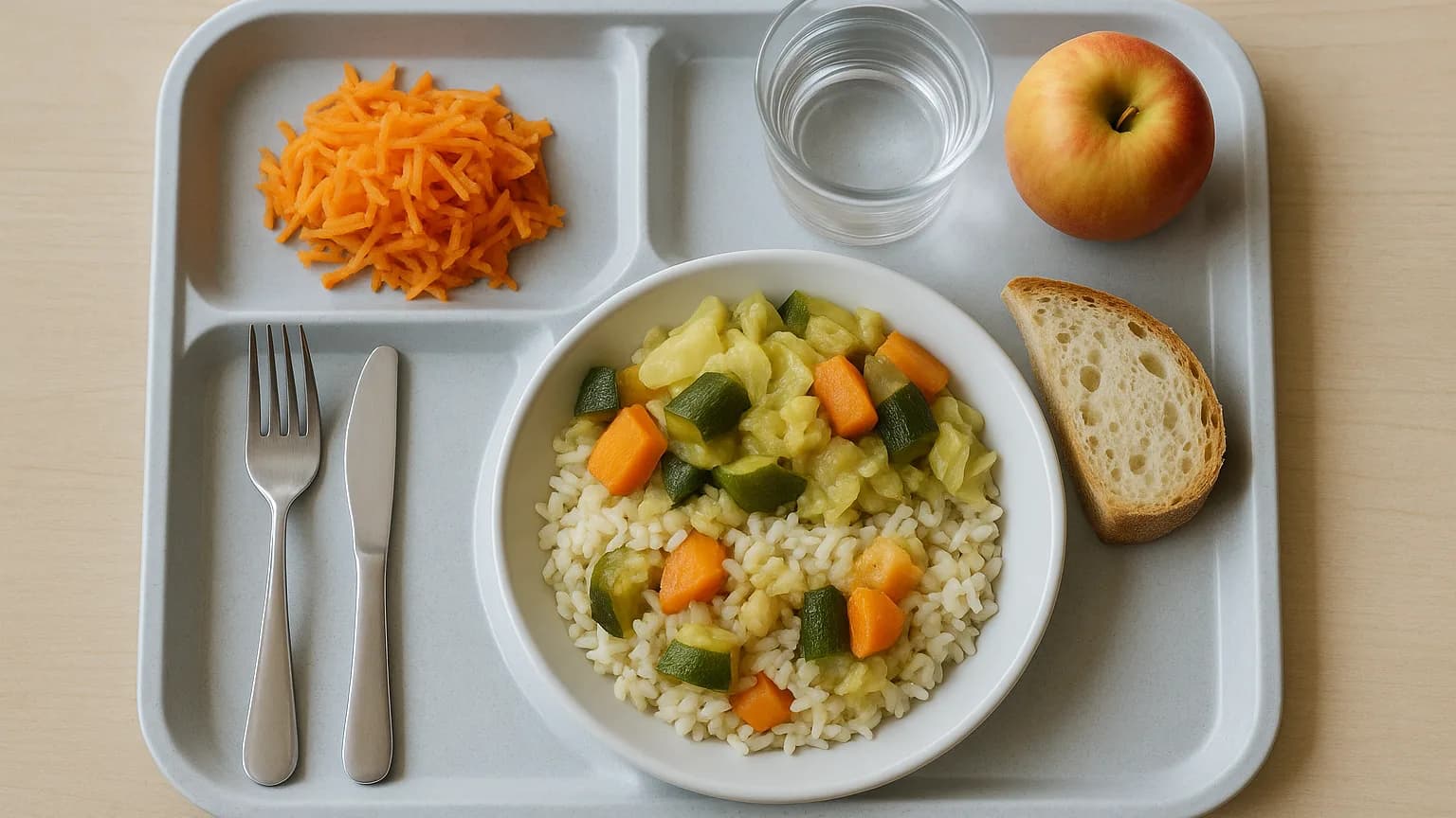 Un plateau de cantine scolaire avec entrée de crudités, plat de légumes et féculents, pain et fruit