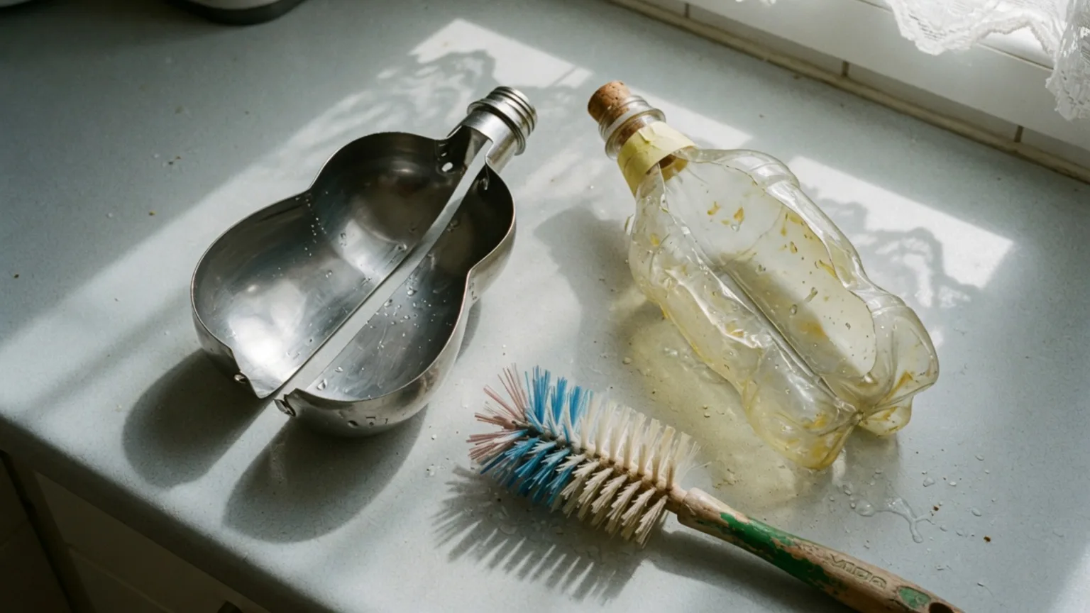 Gourde en inox démontée, écouvillon et bouchon sur un évier de cuisine
