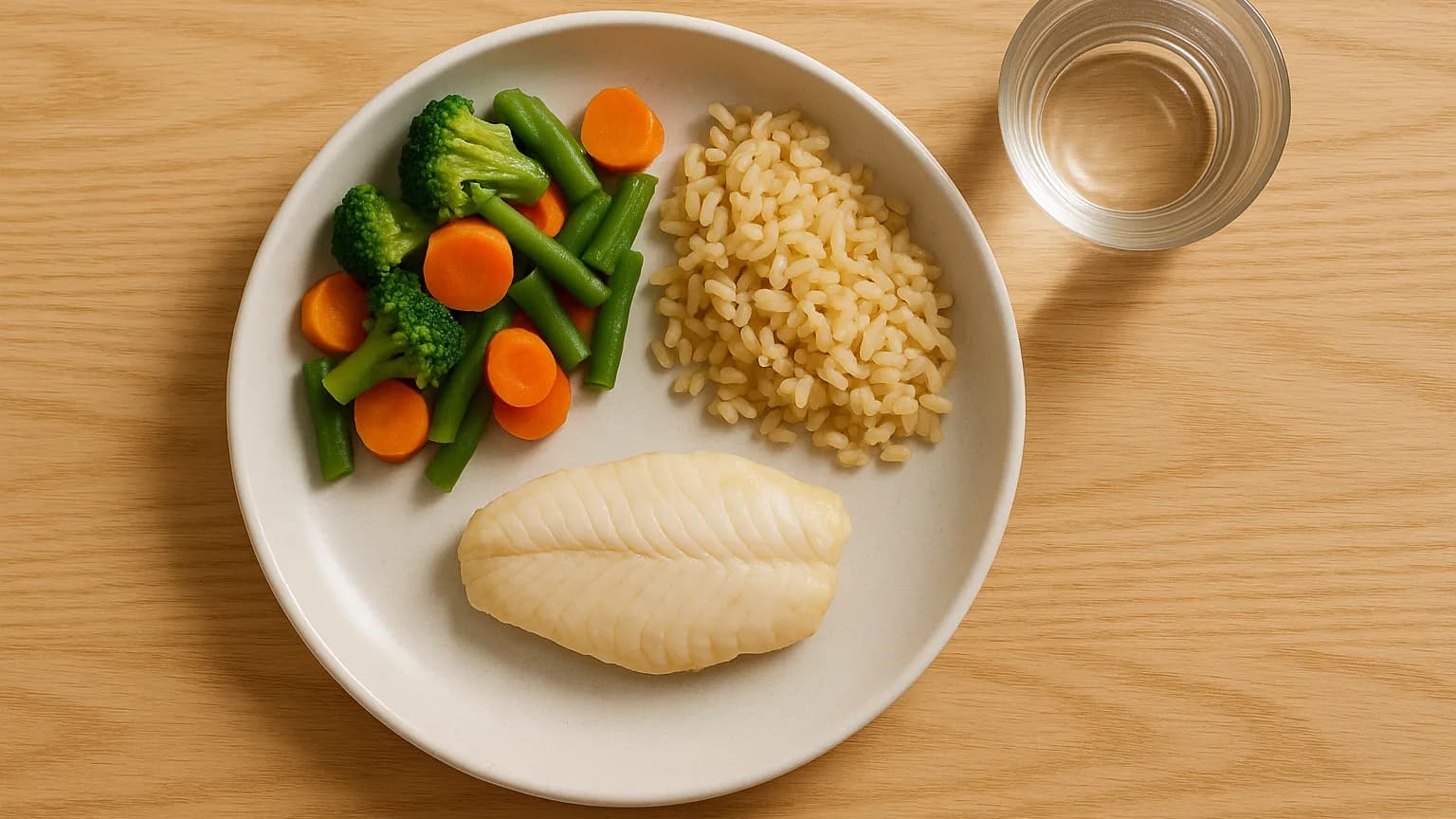 Assiette de dîner d'enfant sur une table en bois clair, légumes, féculents complets et petite portion de poisson
