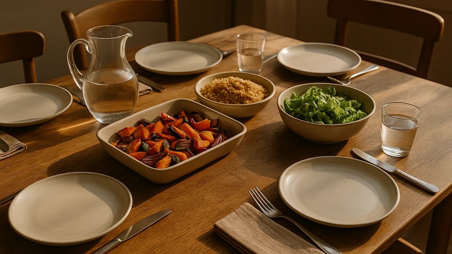Table familiale du soir dressée pour un repas partagé, plats de légumes et de féculents au centre