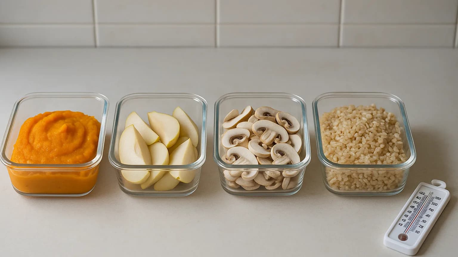 Quatre boîtes hermétiques en verre contenant purée de potimarron, quartiers de poire, champignons émincés et riz complet cuit