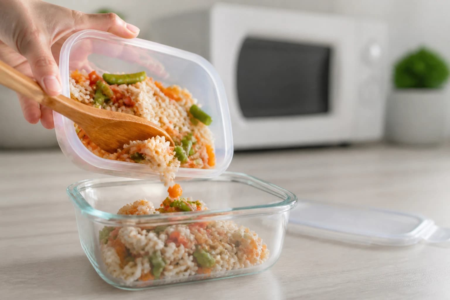 Un plat maison transféré dans une boîte en verre avant réchauffage au micro-ondes