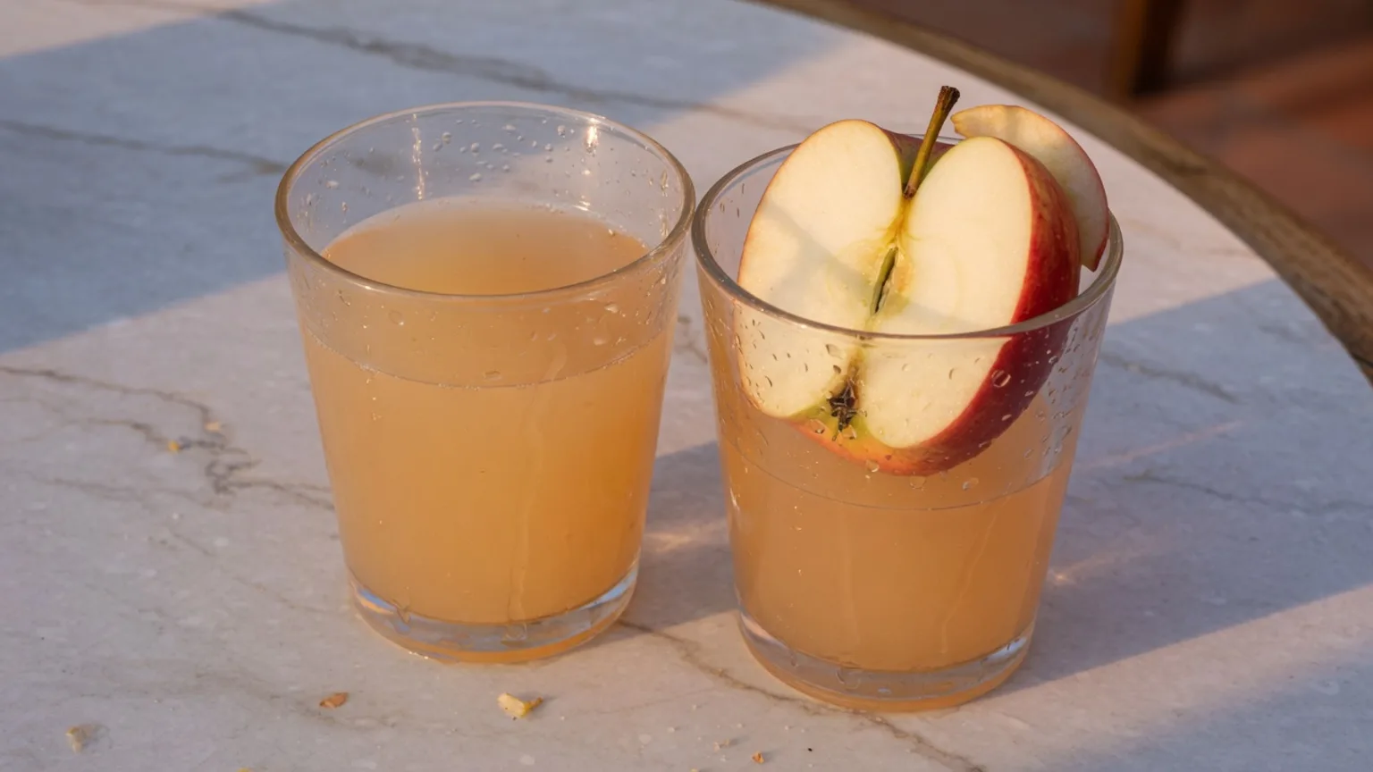Pomme entière à côté d'un verre de smoothie, pour comparer le fruit croqué et la boisson mixée
