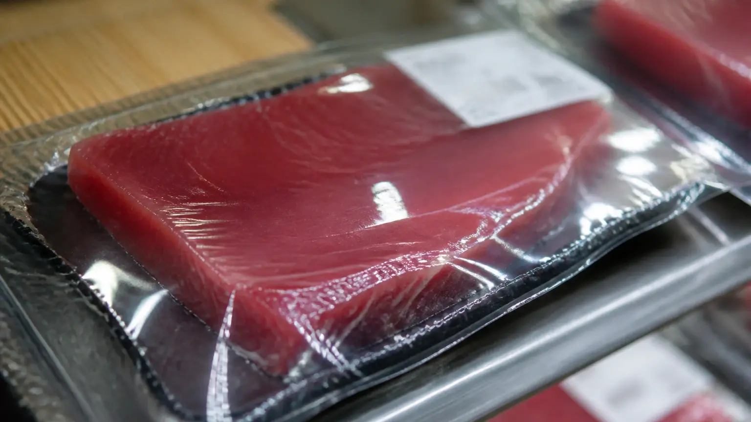 Barquette de poisson frais au rayon réfrigéré, étiquette de DLC visible